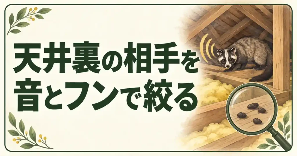 栃木県の害獣駆除の前に、天井裏の相手を音とフンで絞る