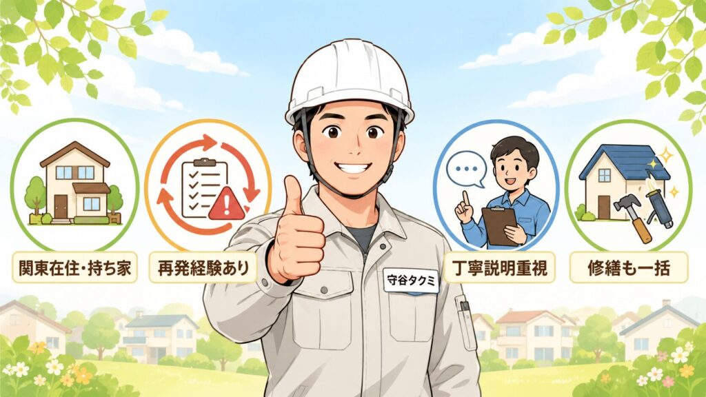 ハウスガード24がおすすめな人の4タイプアイコン。関東在住持ち家・再発経験あり・丁寧説明重視・修繕一括。