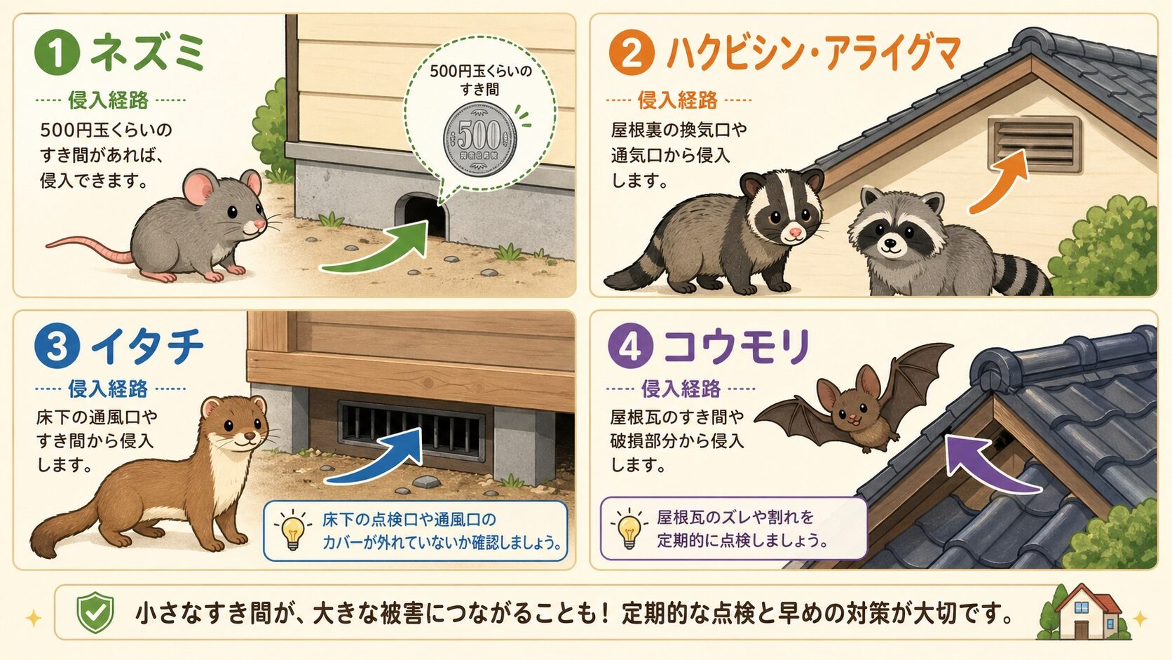 ネズミ・ハクビシン/アライグマ・イタチ・コウモリの4種害獣を2行2列のグリッドで整理し、それぞれの主な侵入口（500円玉サイズの隙間・屋根の通気口・床下出入り口・瓦の隙間）を矢印で示した害獣別再発防止ポイントの図解。