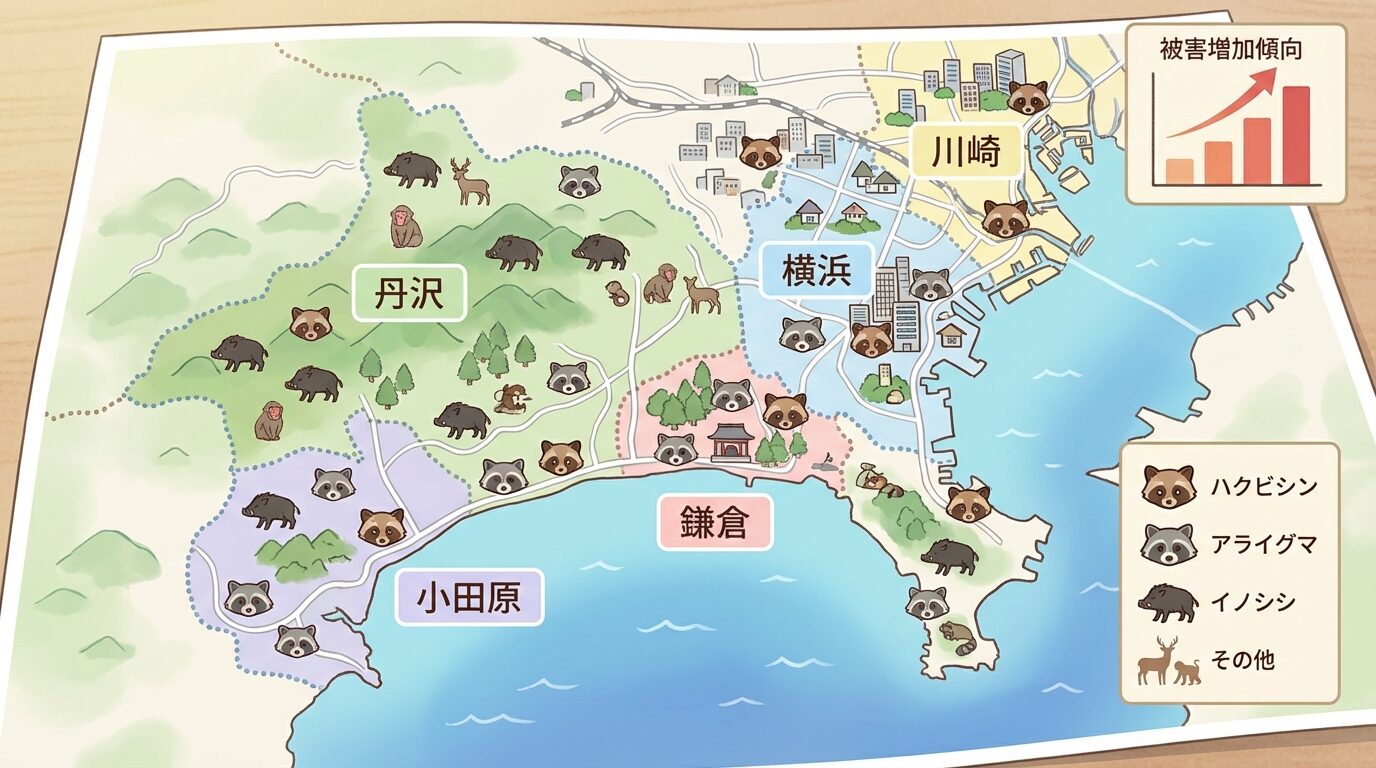 神奈川県の害獣被害｜増加の背景と実態を解説するイラスト。神奈川県の害獣駆除｜被害の実態・費用相場・業者の選び方を徹底解説の本文に対応した内容で、害獣駆除のポイントを視覚的にわかりやすく示しています。