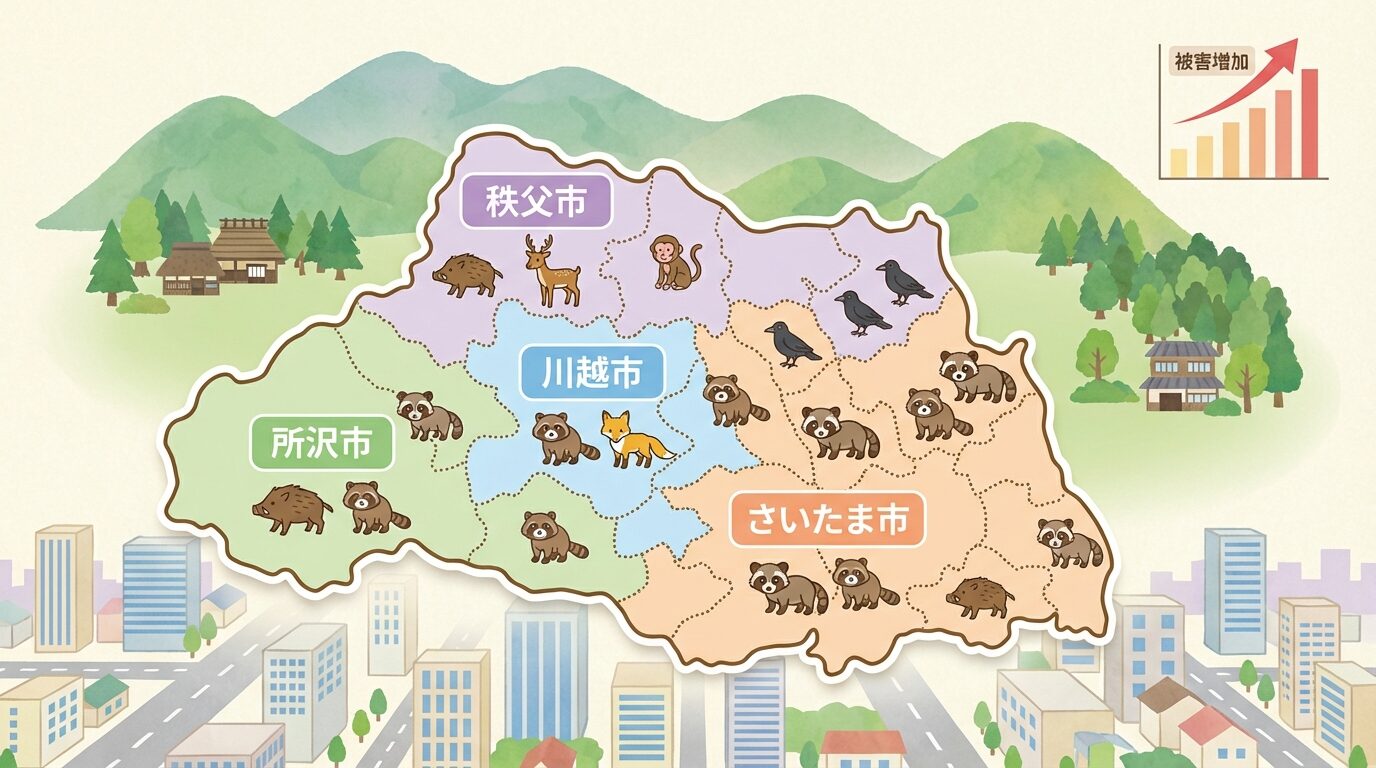 埼玉県の害獣被害｜増加の背景と実態を解説するイラスト。埼玉県の害獣駆除｜被害の実態・費用相場・業者の選び方を徹底解説の本文に対応した内容で、害獣駆除のポイントを視覚的にわかりやすく示しています。