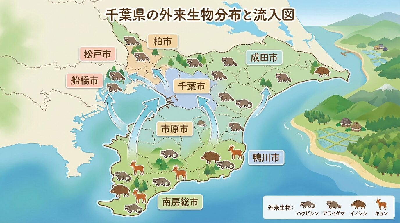 千葉県の害獣被害|増加の背景と実態を解説するイラスト。千葉県の害獣駆除|被害の実態・費用相場・業者の選び方を徹底解説の本文に対応した内容で、害獣駆除のポイントを視覚的にわかりやすく示しています。