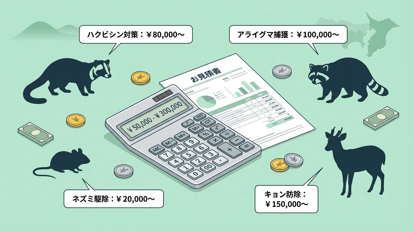 千葉県の害獣駆除にかかる費用相場を解説するイラスト。千葉県の害獣駆除|被害の実態・費用相場・業者の選び方を徹底解説の本文に対応した内容で、害獣駆除のポイントを視覚的にわかりやすく示しています。