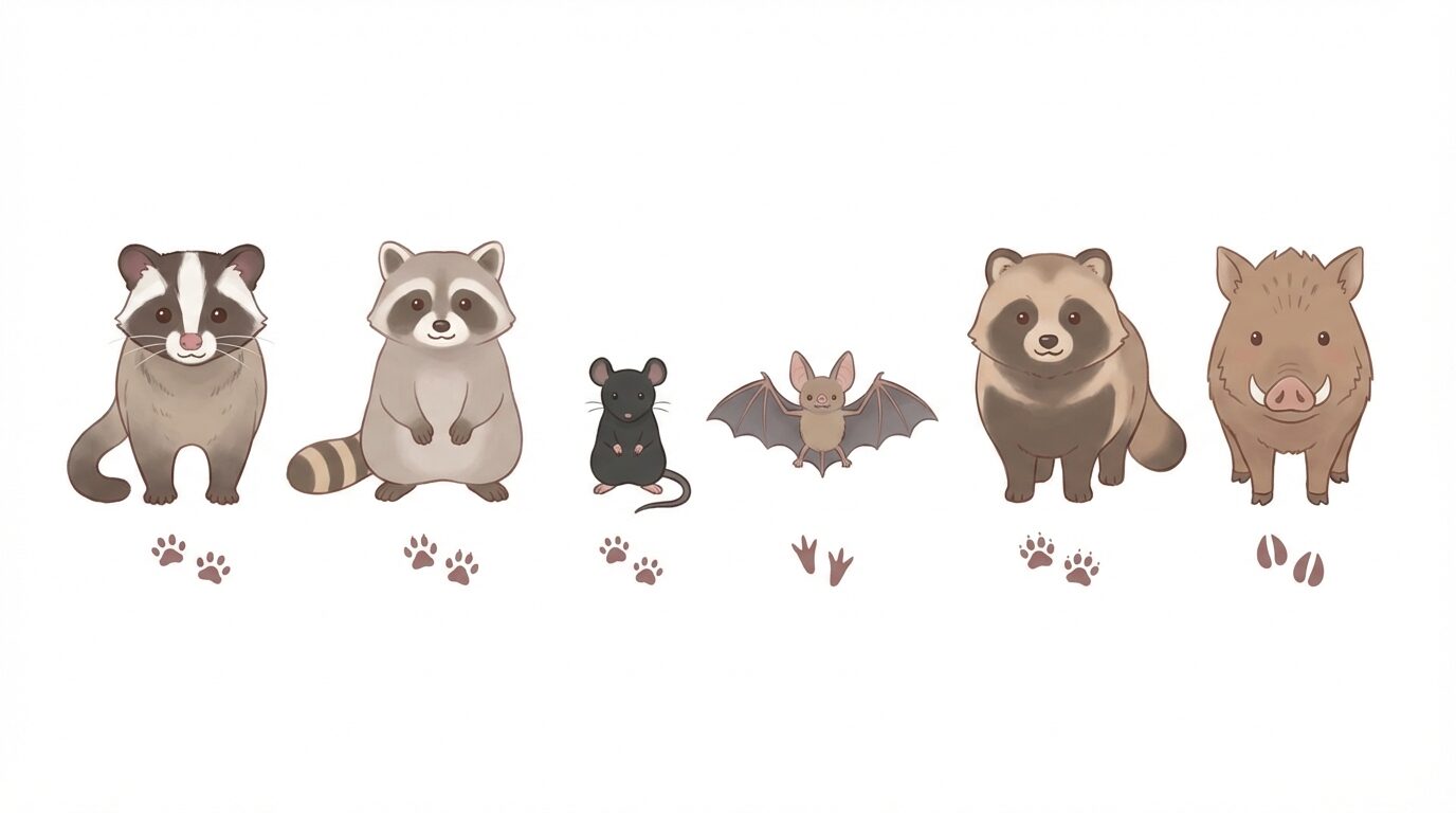 神奈川県で多い害獣の種類と見分け方を解説するイラスト。神奈川県の害獣駆除｜被害の実態・費用相場・業者の選び方を徹底解説の本文に対応した内容で、害獣駆除のポイントを視覚的にわかりやすく示しています。