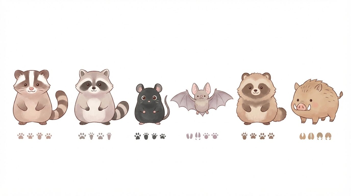 埼玉県で多い害獣の種類と見分け方を解説するイラスト。埼玉県の害獣駆除｜被害の実態・費用相場・業者の選び方を徹底解説の本文に対応した内容で、害獣駆除のポイントを視覚的にわかりやすく示しています。