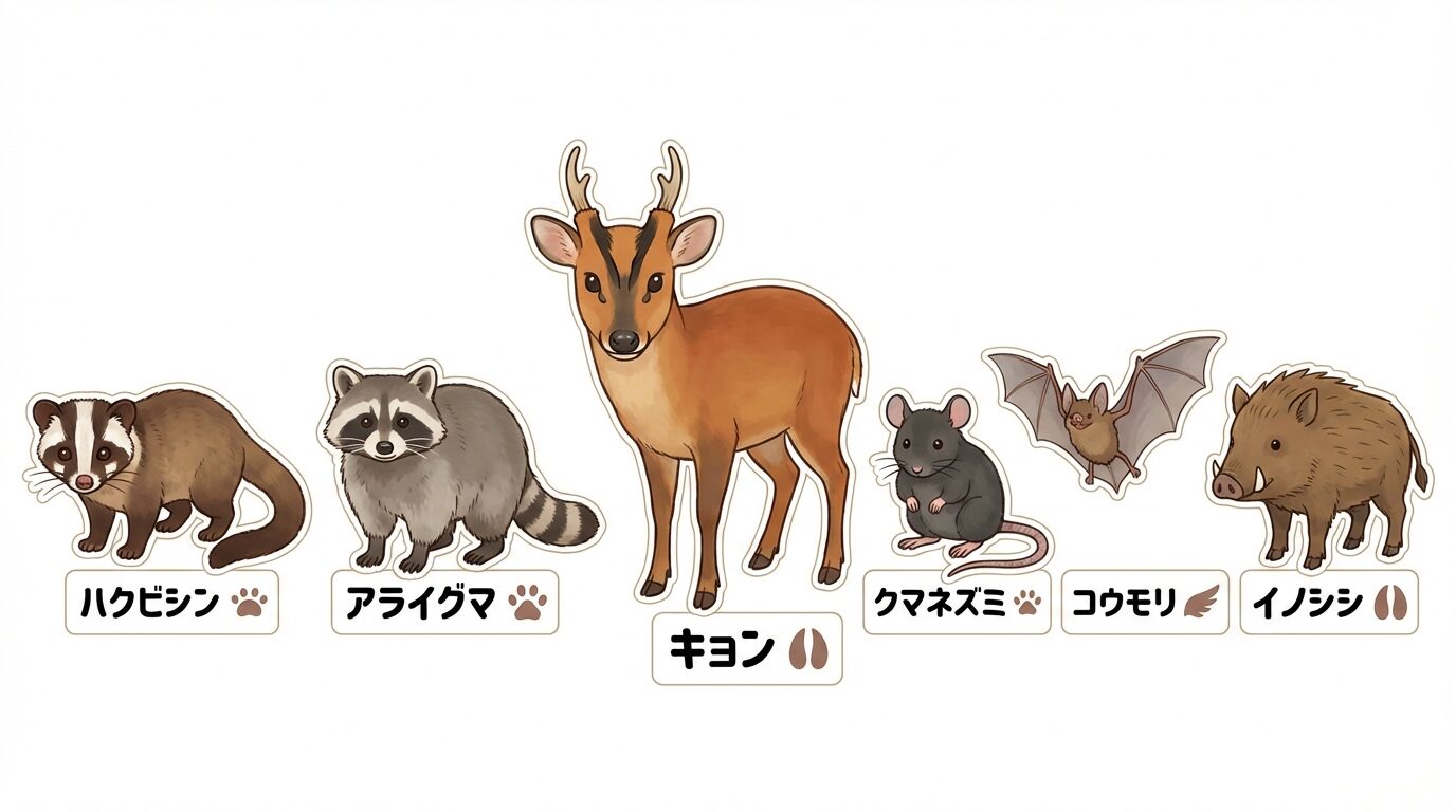 千葉県で多い害獣の種類と見分け方を解説するイラスト。千葉県の害獣駆除|被害の実態・費用相場・業者の選び方を徹底解説の本文に対応した内容で、害獣駆除のポイントを視覚的にわかりやすく示しています。