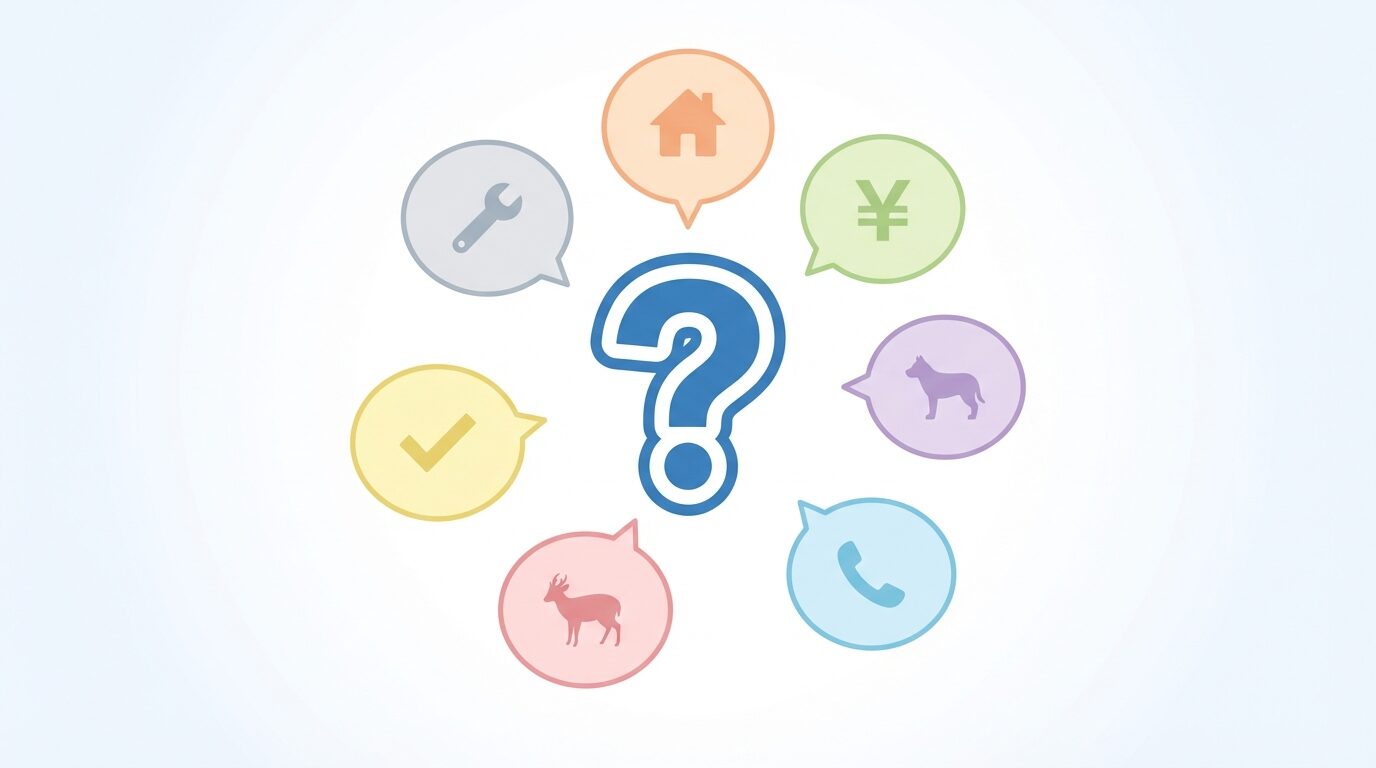 【FAQ】千葉県の害獣駆除でよくある質問を解説するイラスト。千葉県の害獣駆除|被害の実態・費用相場・業者の選び方を徹底解説の本文に対応した内容で、害獣駆除のポイントを視覚的にわかりやすく示しています。
