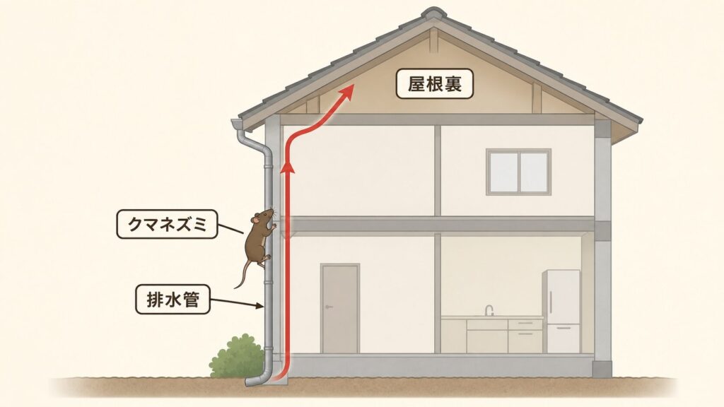 クマネズミは高所を移動する能力に長けており、排水管や壁の隙間を伝って屋根裏へと侵入