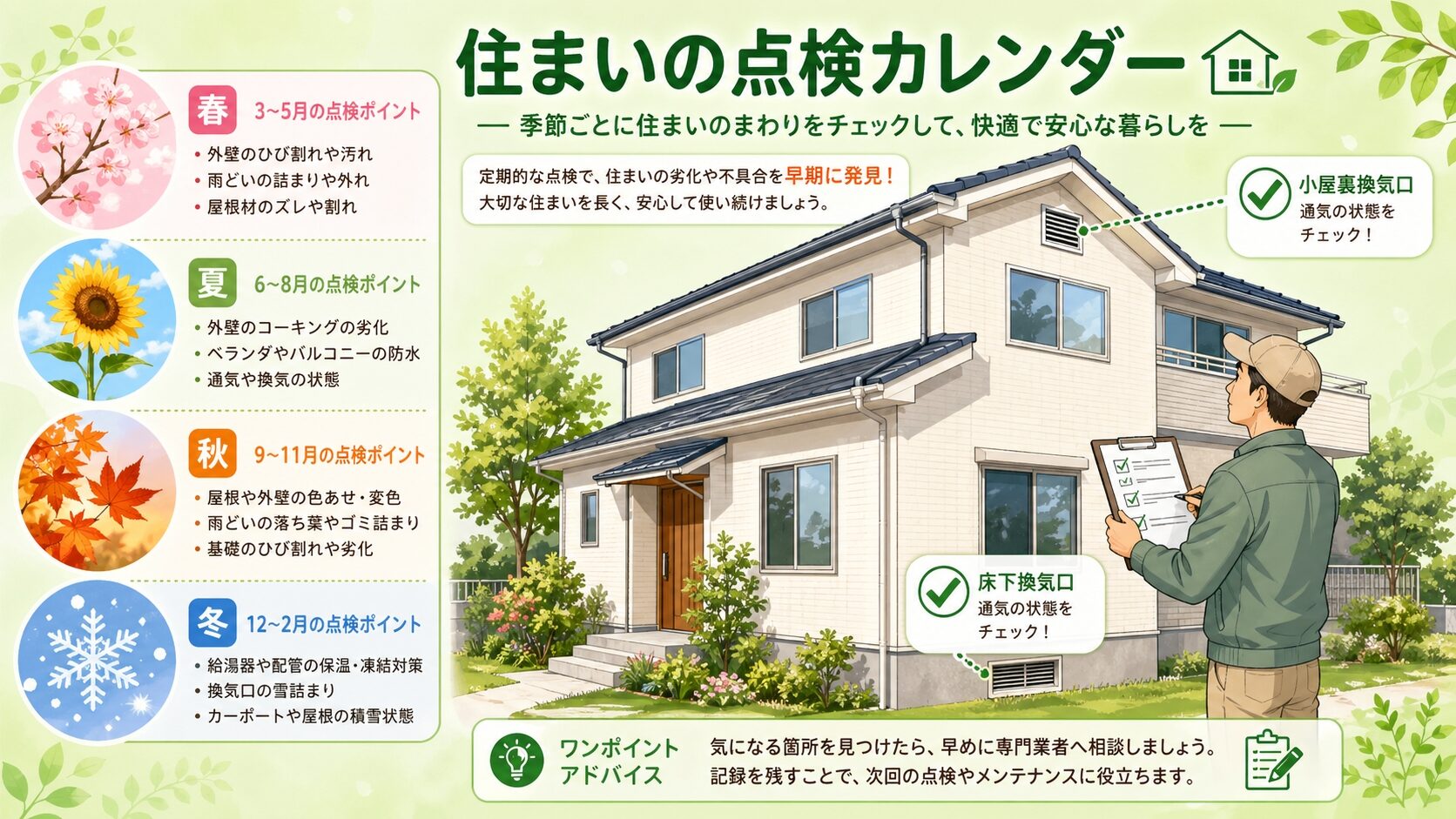 春・夏・秋・冬の季節アイコン（桜・ひまわり・紅葉・雪の結晶）と、チェックリストを手に住宅外周を点検する住人の組み合わせイラスト。駆除後の継続的な再発防止メンテナンス（季節別点検・月1回セルフチェック）を視覚化した穏やかな雰囲気の図解。
