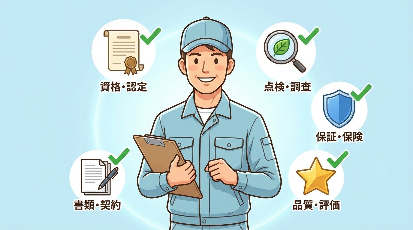 失敗しない業者選び｜5つのポイントを解説するイラスト。埼玉県の害獣駆除｜被害の実態・費用相場・業者の選び方を徹底解説の本文に対応した内容で、害獣駆除のポイントを視覚的にわかりやすく示しています。