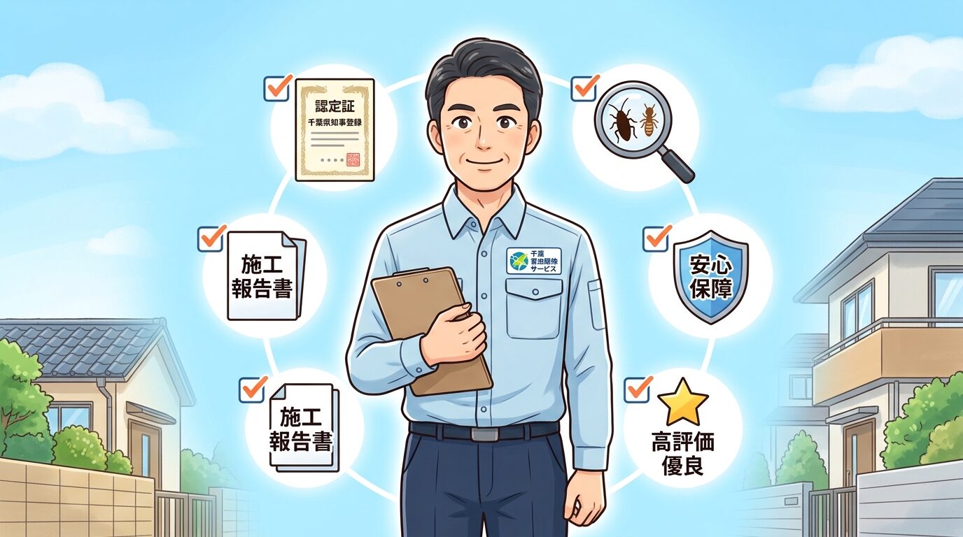 失敗しない業者選び|5つのポイントを解説するイラスト。千葉県の害獣駆除|被害の実態・費用相場・業者の選び方を徹底解説の本文に対応した内容で、害獣駆除のポイントを視覚的にわかりやすく示しています。