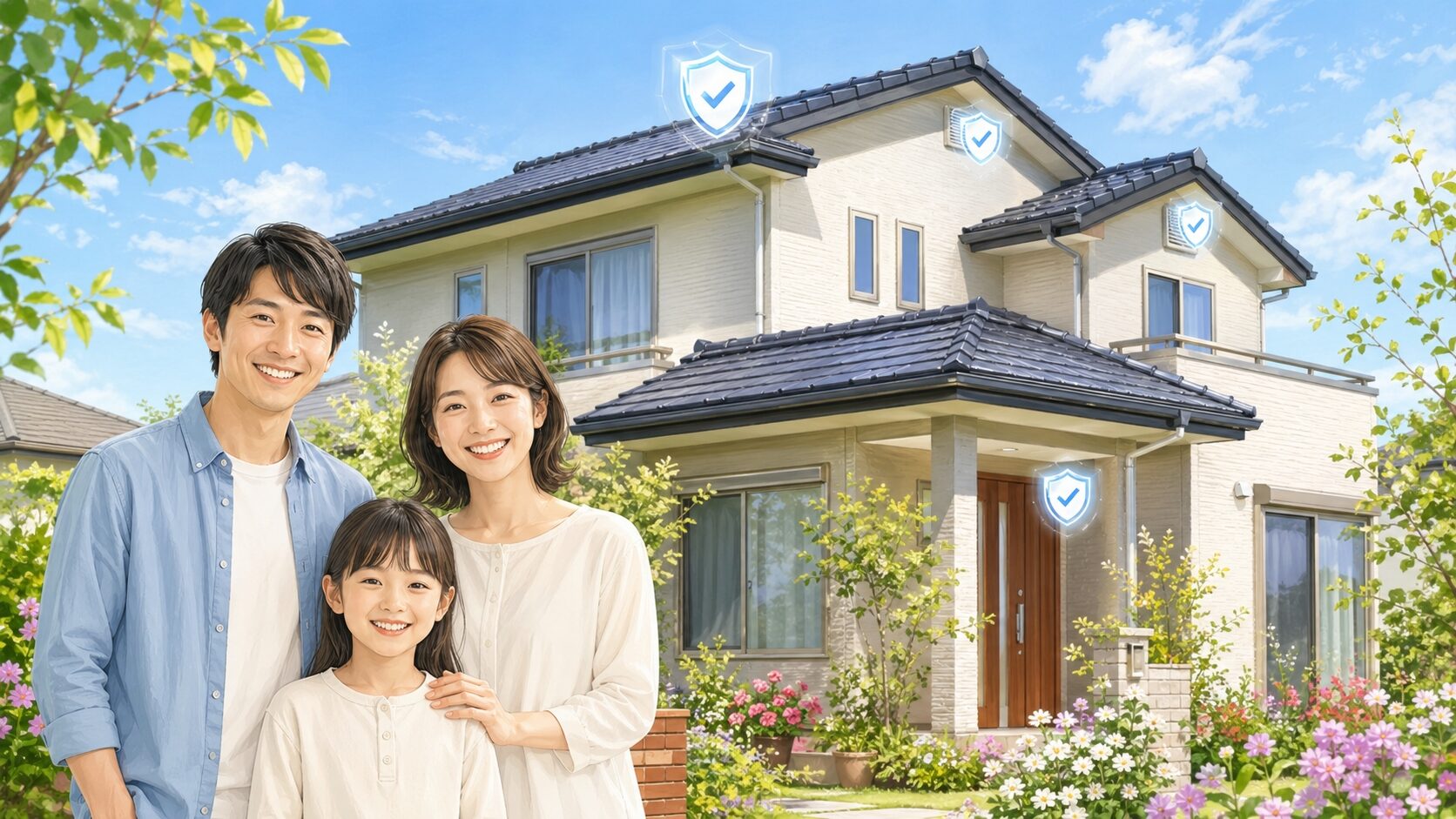 青空の下、清潔感のある日本の戸建て住宅の前で両親と子どもの3人家族が笑顔で立つ安心感のある構図イラスト。屋根や通気口に盾アイコンとチェックマークが配置され、害獣駆除の再発防止が完成した平和で守られた住まいを象徴する温かいビジュアル。
