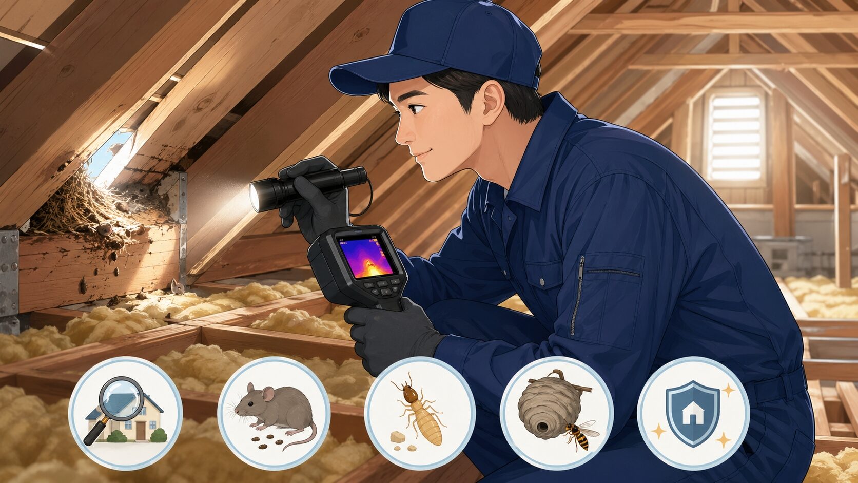 紺色のつなぎを着た害獣駆除のプロが、屋根裏で懐中電灯と赤外線カメラを使い侵入口を念入りに調査している横向きのイラスト。プロにしかできない侵入口封鎖の精度と清掃消毒の徹底を象徴する真剣な作業シーン。