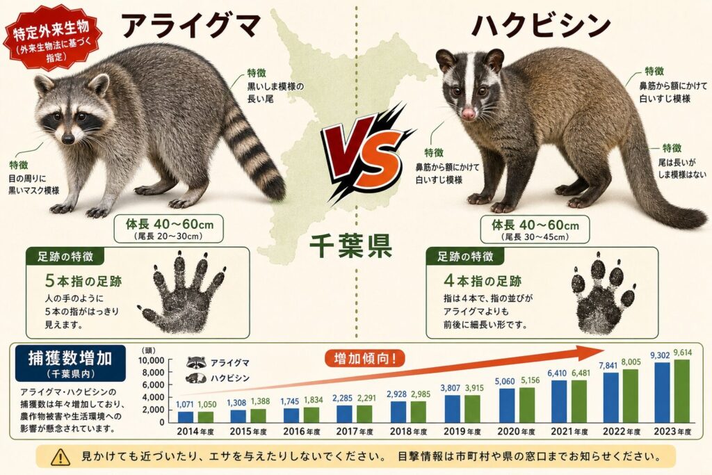 アライグマとハクビシンの比較図