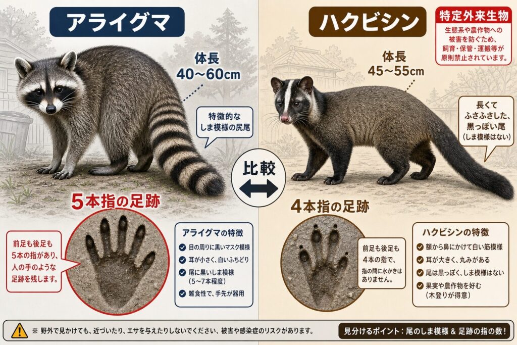 アライグマとハクビシンの比較図