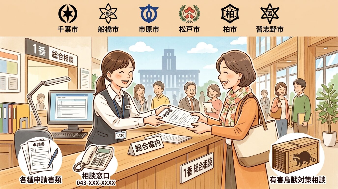 千葉県・市町村の行政相談窓口と補助金制度を解説するイラスト。千葉県の害獣駆除|被害の実態・費用相場・業者の選び方を徹底解説の本文に対応した内容で、害獣駆除のポイントを視覚的にわかりやすく示しています。