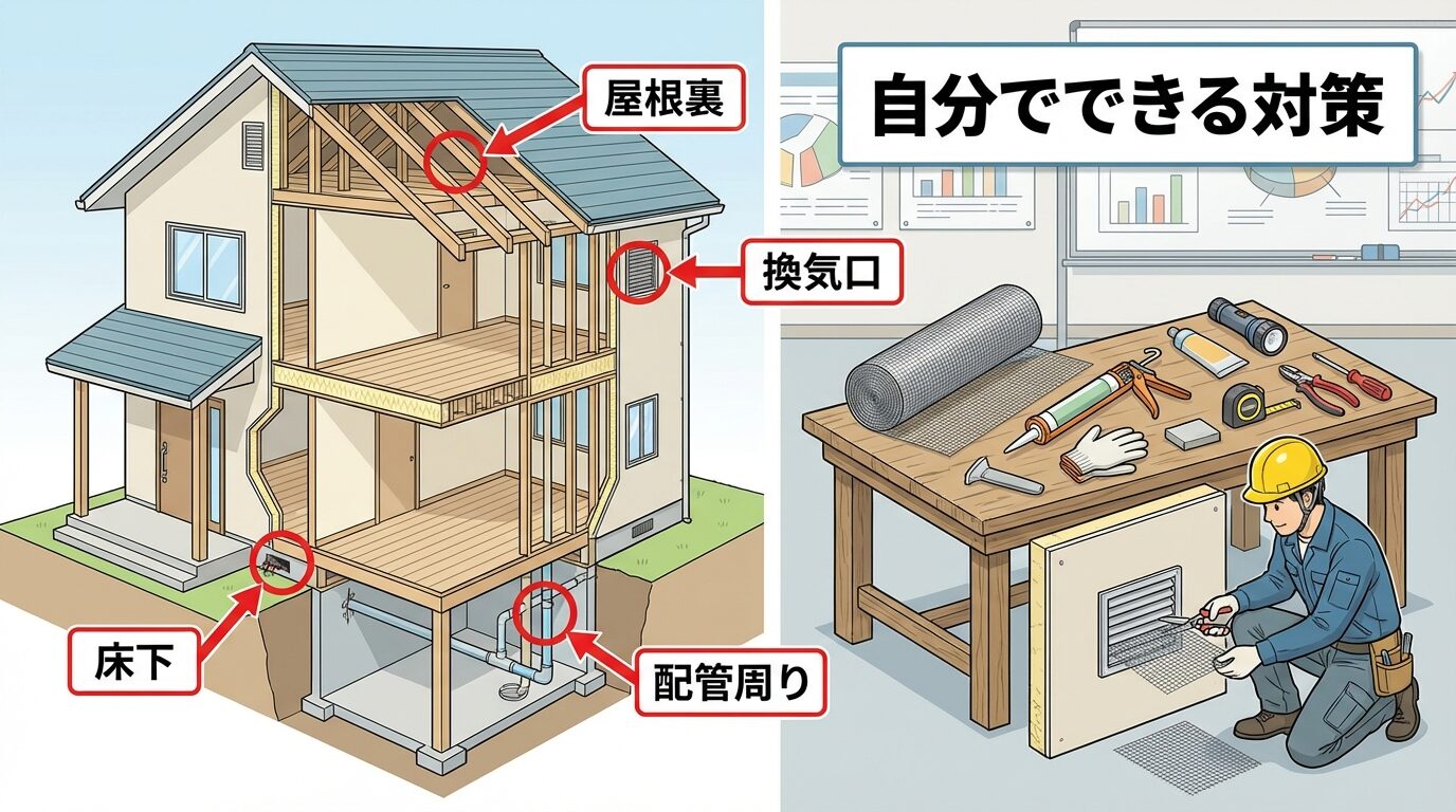 自分でできる害獣の予防・応急対策を解説するイラスト。神奈川県の害獣駆除｜被害の実態・費用相場・業者の選び方を徹底解説の本文に対応した内容で、害獣駆除のポイントを視覚的にわかりやすく示しています。