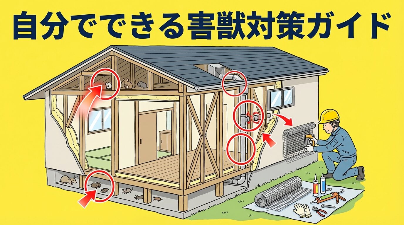 自分でできる害獣の予防・応急対策を解説するイラスト。埼玉県の害獣駆除｜被害の実態・費用相場・業者の選び方を徹底解説の本文に対応した内容で、害獣駆除のポイントを視覚的にわかりやすく示しています。