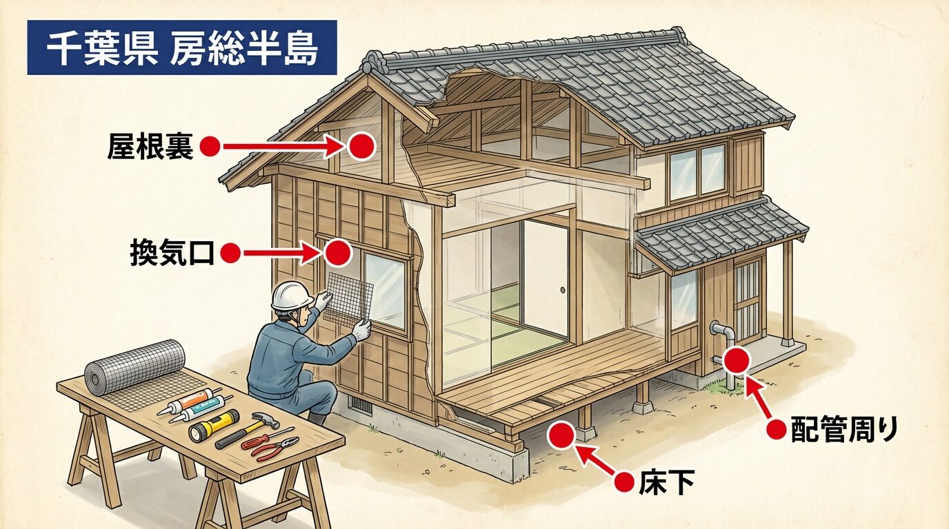 自分でできる害獣の予防・応急対策を解説するイラスト。千葉県の害獣駆除|被害の実態・費用相場・業者の選び方を徹底解説の本文に対応した内容で、害獣駆除のポイントを視覚的にわかりやすく示しています。