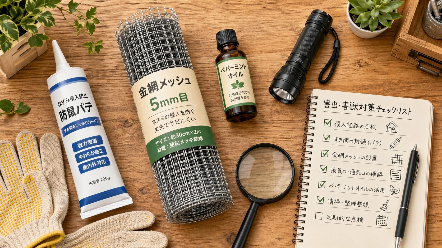 DIY害獣再発防止アイテム（防鼠パテ・5ミリ目金網・ハッカ油忌避剤・懐中電灯・点検チェックリスト）が清潔な木製作業机の上に整然と並ぶ俯瞰イラスト。自分でできる害獣再発防止策5選を視覚化した親しみやすいビジュアル。