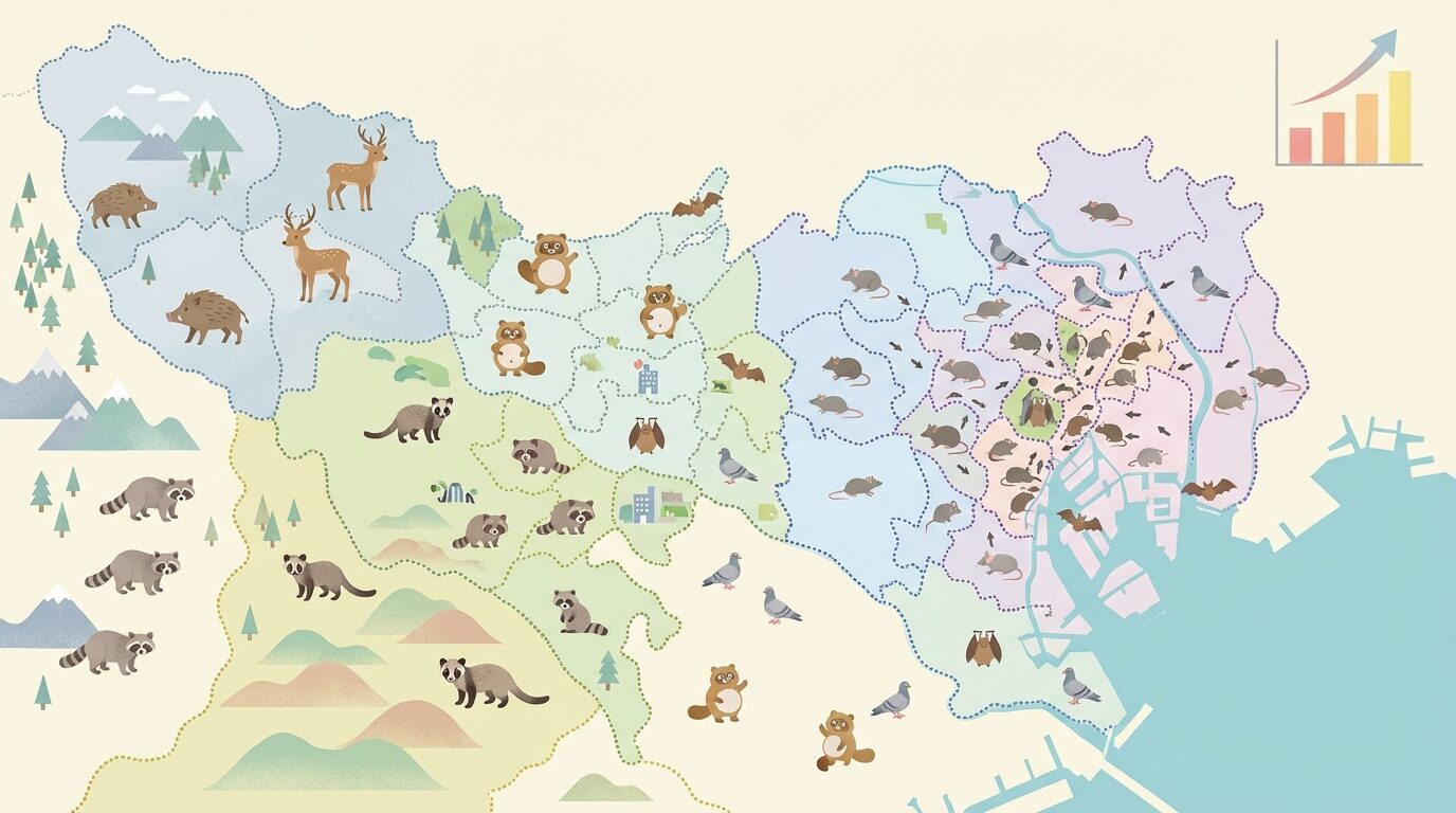 東京都の害獣被害|23区から奥多摩までを解説するイラスト。東京都の害獣駆除|被害の実態・費用相場・業者の選び方を徹底解説の本文に対応した内容で、害獣駆除のポイントを視覚的にわかりやすく示しています。
