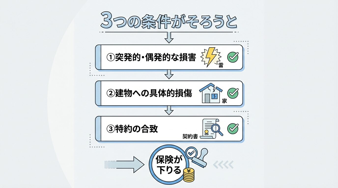火災保険で害獣被害が補償される3つの条件を解説するイラスト。害獣駆除の費用は火災保険で出る？補償条件と申請手順を完全解説の本文に対応した内容で、害獣駆除のポイントを視覚的にわかりやすく示しています。