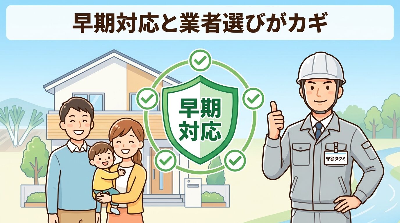 早期対応と業者選びがカギ。守谷タクミ風の作業着男性が親指を立て、家族（夫婦と子ども）が安心した笑顔で並ぶ。中央に「早期対応」と書かれた緑のシールド、6つのチェックマークで守られた家を表現。
