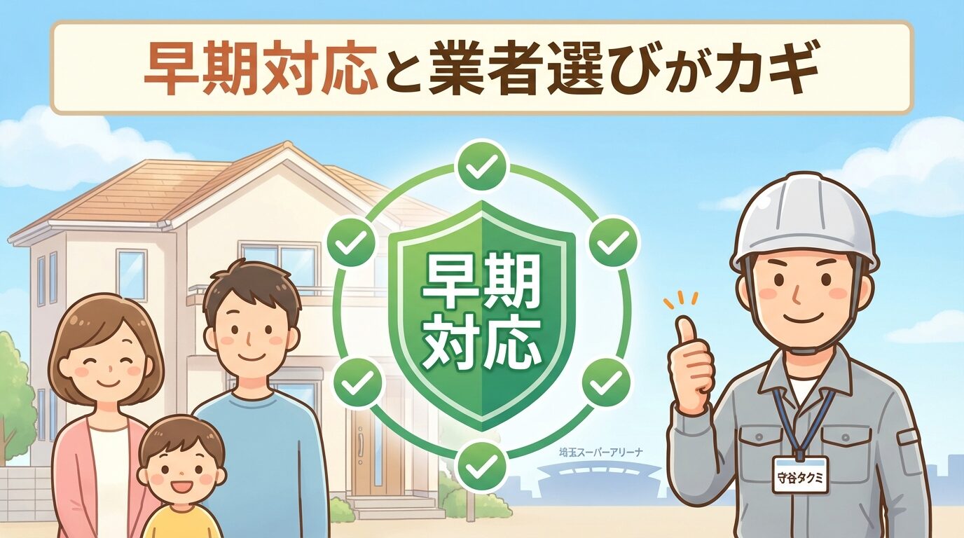 早期対応と業者選びがカギ。守谷タクミ風の作業着男性が親指を立て、家族（夫婦と子ども）が安心した笑顔で並ぶ。中央に「早期対応」のシールド、背景にさいたまスーパーアリーナ風の建物。