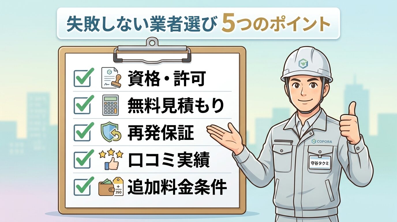 失敗しない業者選び5つのポイント。資格・許可、無料見積もり、再発保証、口コミ実績、追加料金条件のチェックリストを守谷タクミ作業着姿の男性が訴求。