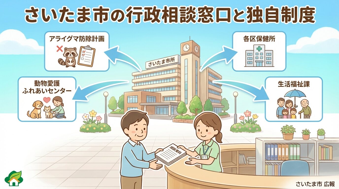 さいたま市の行政相談窓口と独自制度をさいたま市役所と相談中の市民・職員のイラストで表現。アライグマ防除計画・各区くらし応援室・動物愛護ふれあいセンター・環境対策課を矢印で示したインフォグラフィック。