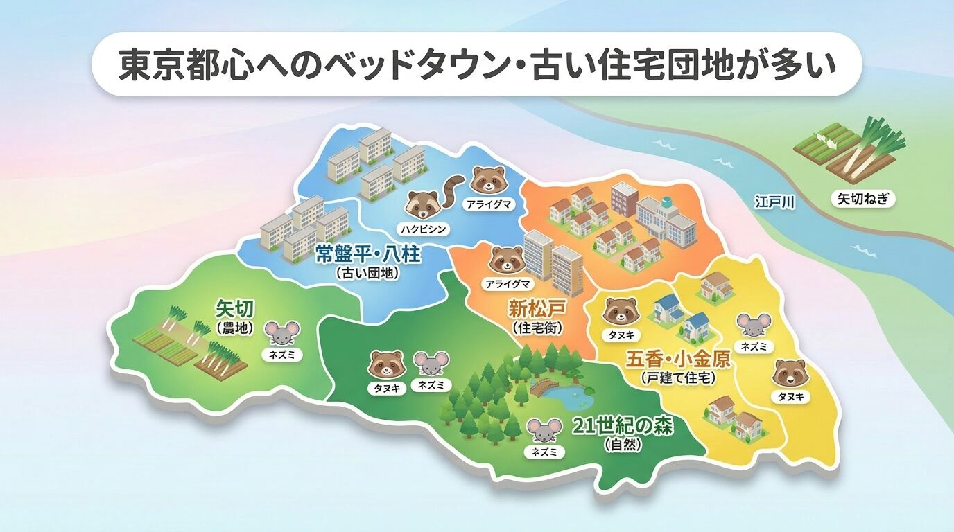 松戸市の地域マップ。常盤平・八柱の古い団地、矢切の農地、新松戸の住宅街、五香・小金原の戸建て住宅、21世紀の森の自然エリア、矢切ねぎや江戸川を背景に、害獣の出没傾向を視覚化。