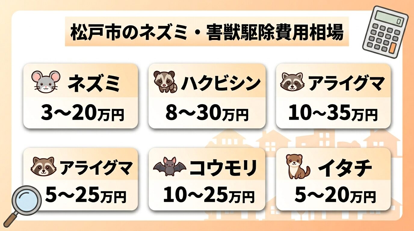 松戸市のネズミ・害獣駆除費用相場。ネズミ3〜20万円、ハクビシン8〜30万円、アライグマ10〜35万円、コウモリ10〜25万円、イタチ5〜20万円を電卓と害獣アイコン付きカードで明示。