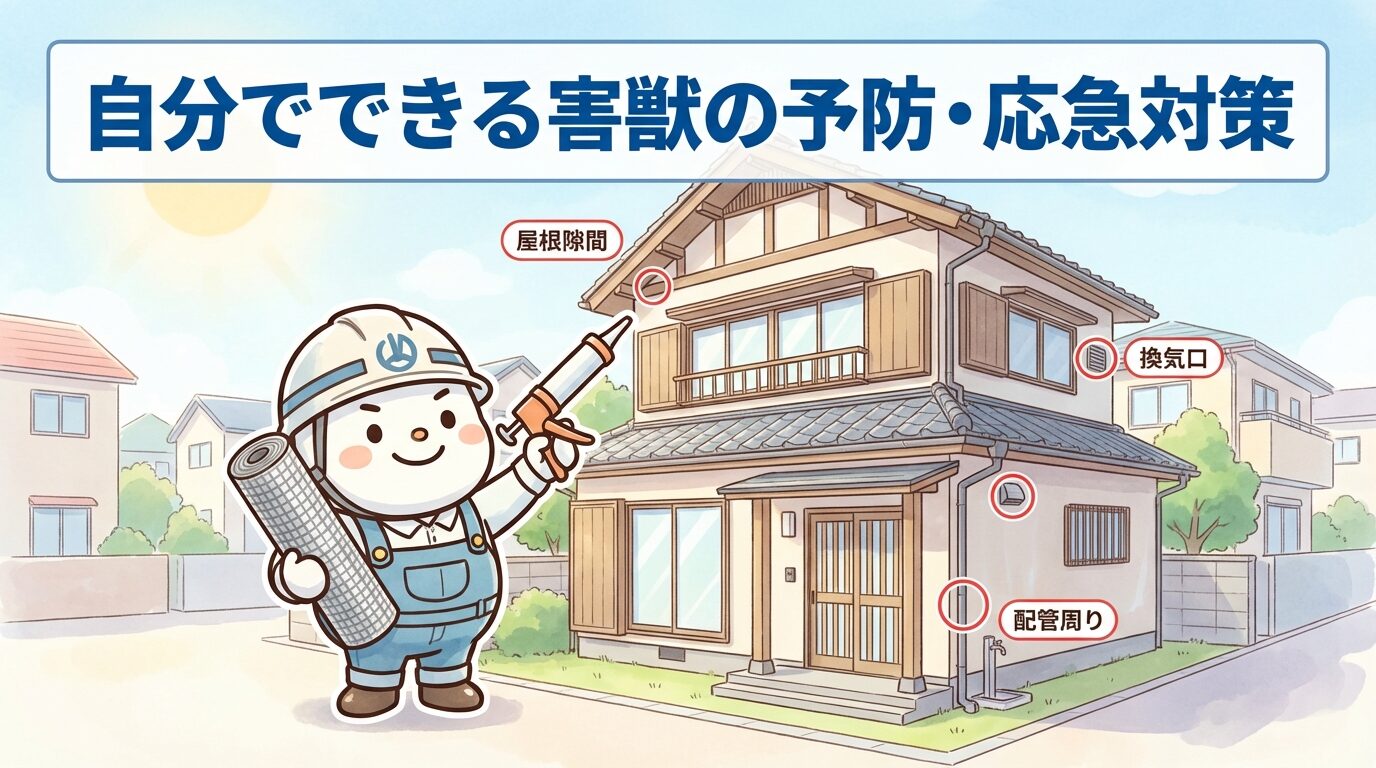 自分でできる害獣の予防・応急対策を、作業着姿の男性が住宅の屋根隙間・換気口・配管周りを点検しているイラストで表現。各侵入経路に赤い丸印とラベル付き。