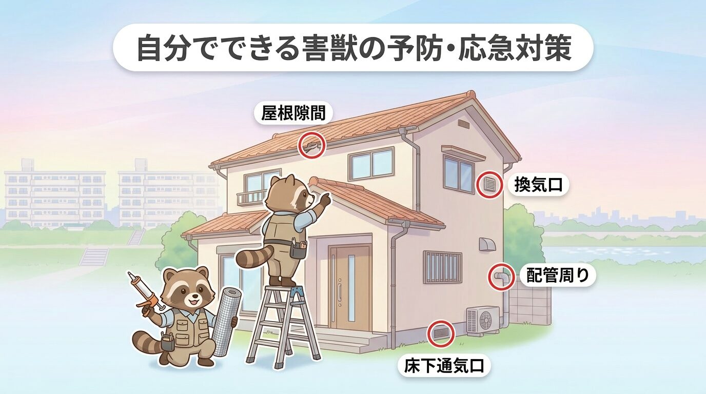 自分でできる害獣の予防・応急対策。住宅の屋根隙間・換気口・配管周り・床下通気口を点検する作業着姿のキャラクターが、パテガンやステンレスメッシュで侵入口を塞ぐ様子。