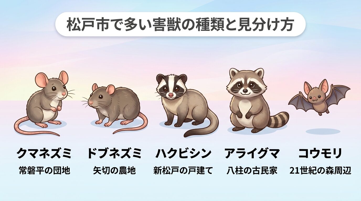 松戸市で多い害獣5種（クマネズミ・ドブネズミ・ハクビシン・アライグマ・コウモリ）の見分け方カード。常盤平の団地、矢切の農地、新松戸の戸建て、八柱の古民家、21世紀の森周辺など出没エリアを併記。