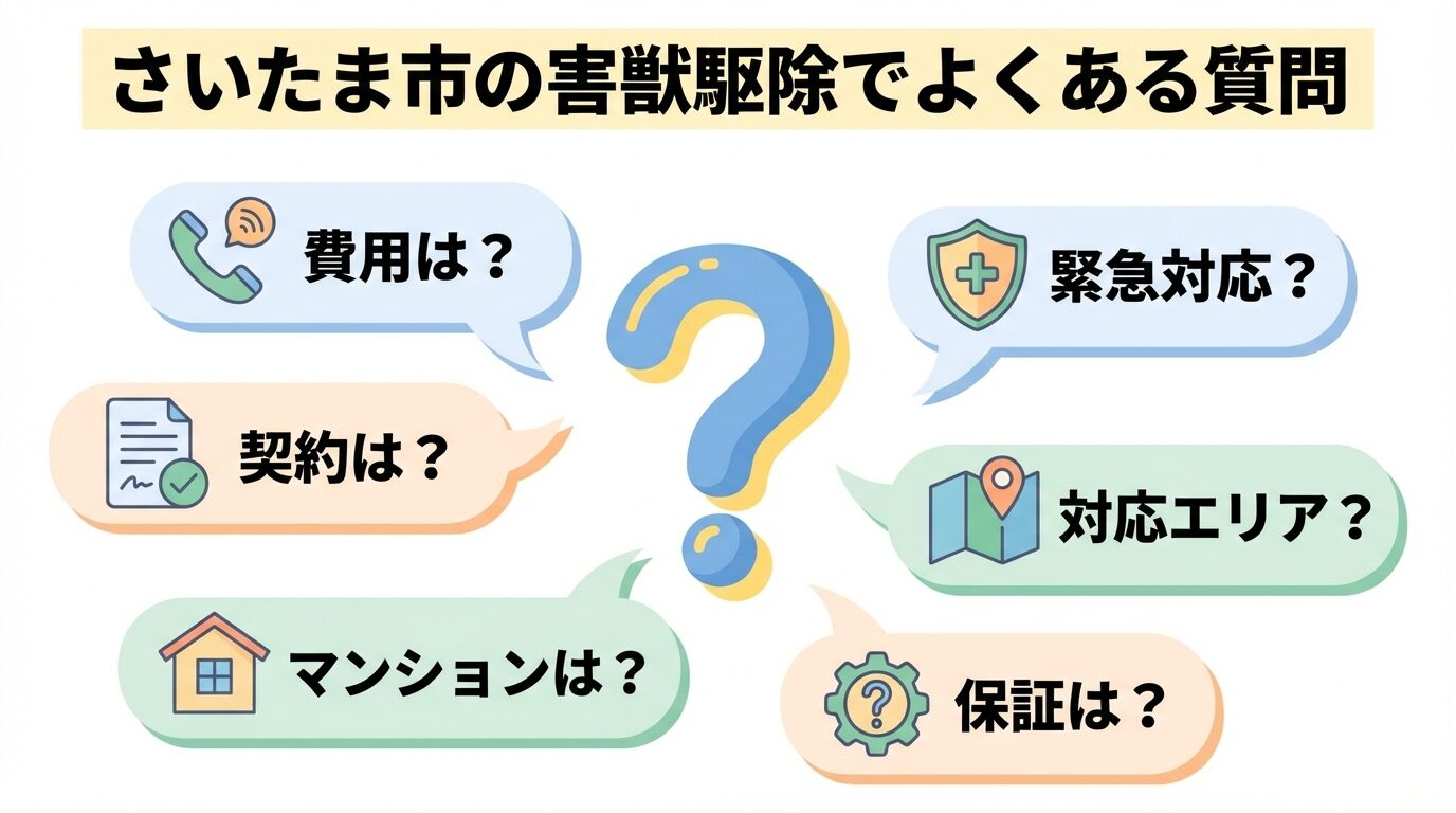 さいたま市の害獣駆除でよくある質問7つ（費用は？、契約は？、マンションは？、緊急対応？、対応エリア？、保証は？）を中央のクエスチョンマークの周りに吹き出しで配置したFAQインフォグラフィック。