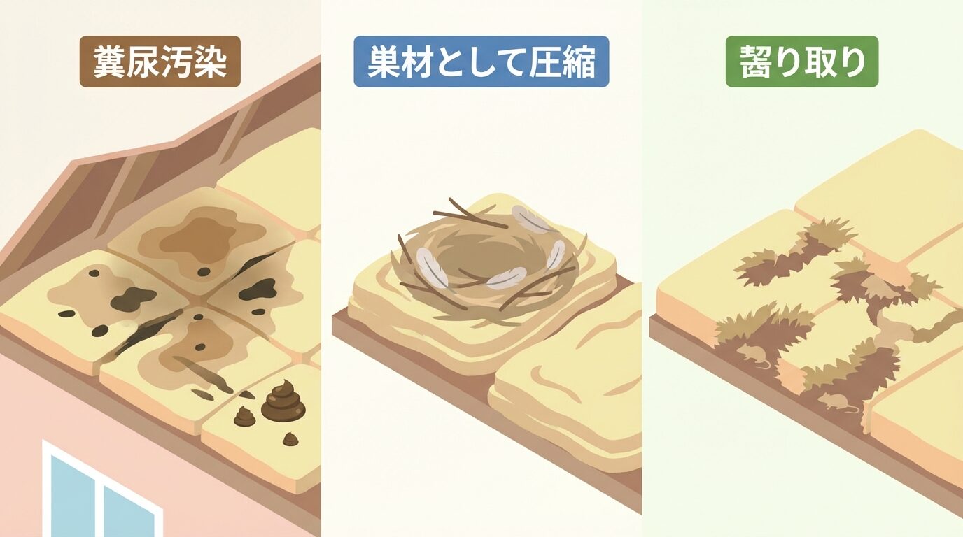 断熱材被害の3パターン｜糞尿・巣材・齧り取りを解説するイラスト。害獣による天井裏の断熱材被害｜修繕費用と早期対応の全ガイドの本文に対応した内容で、害獣駆除のポイントを視覚的にわかりやすく示しています。