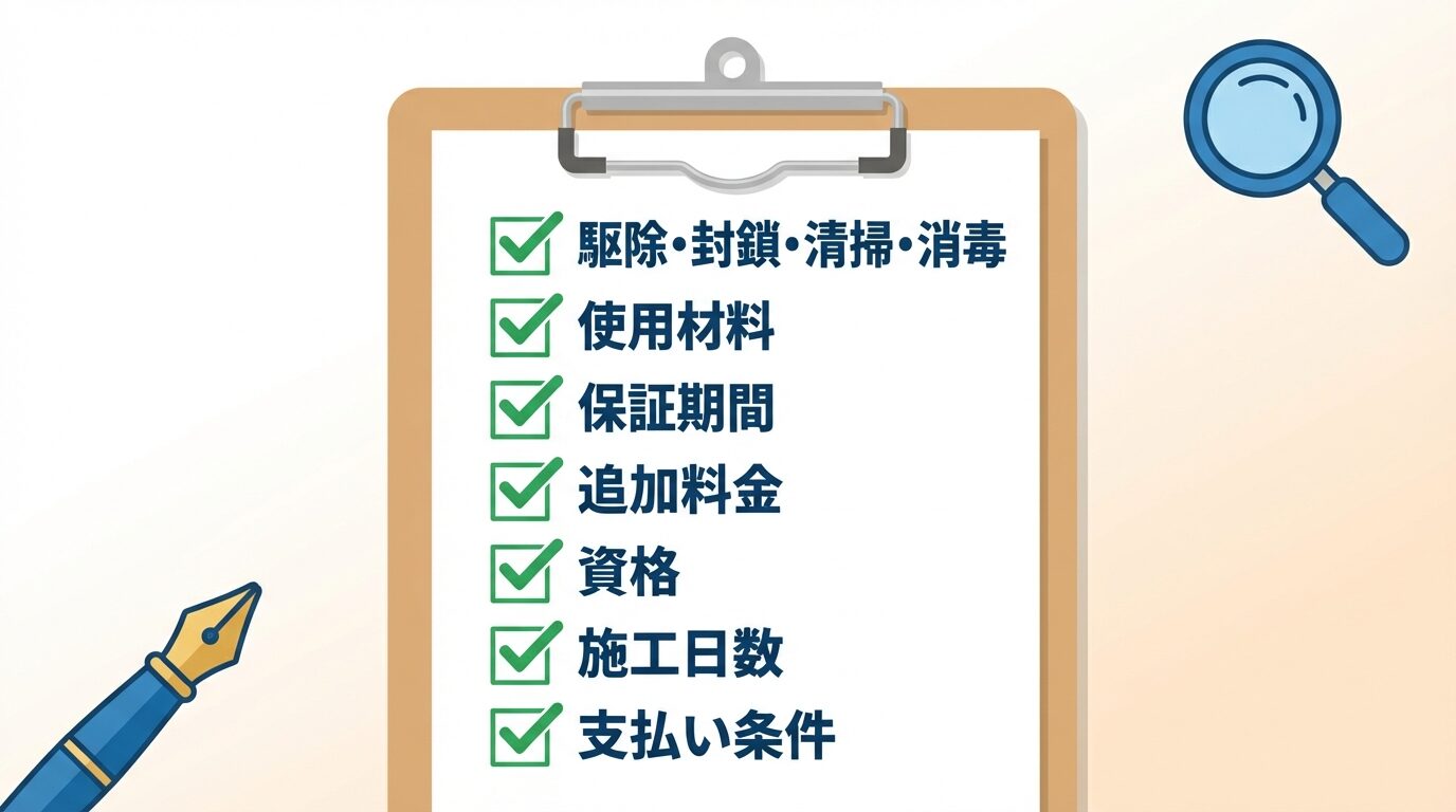 見積もり書で必ず見る7つのポイントを解説するイラスト。害獣駆除の見積もり比較はどこを見る？失敗しない7つの鉄則の本文に対応した内容で、害獣駆除のポイントを視覚的にわかりやすく示しています。