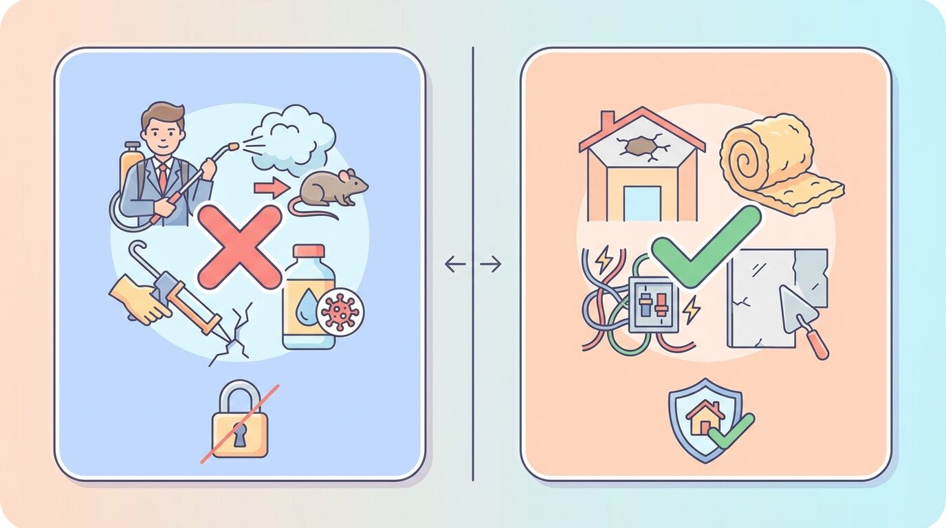 害獣駆除費用に火災保険は使える？を解説するイラスト。害獣駆除の費用は火災保険で出る？補償条件と申請手順を完全解説の本文に対応した内容で、害獣駆除のポイントを視覚的にわかりやすく示しています。