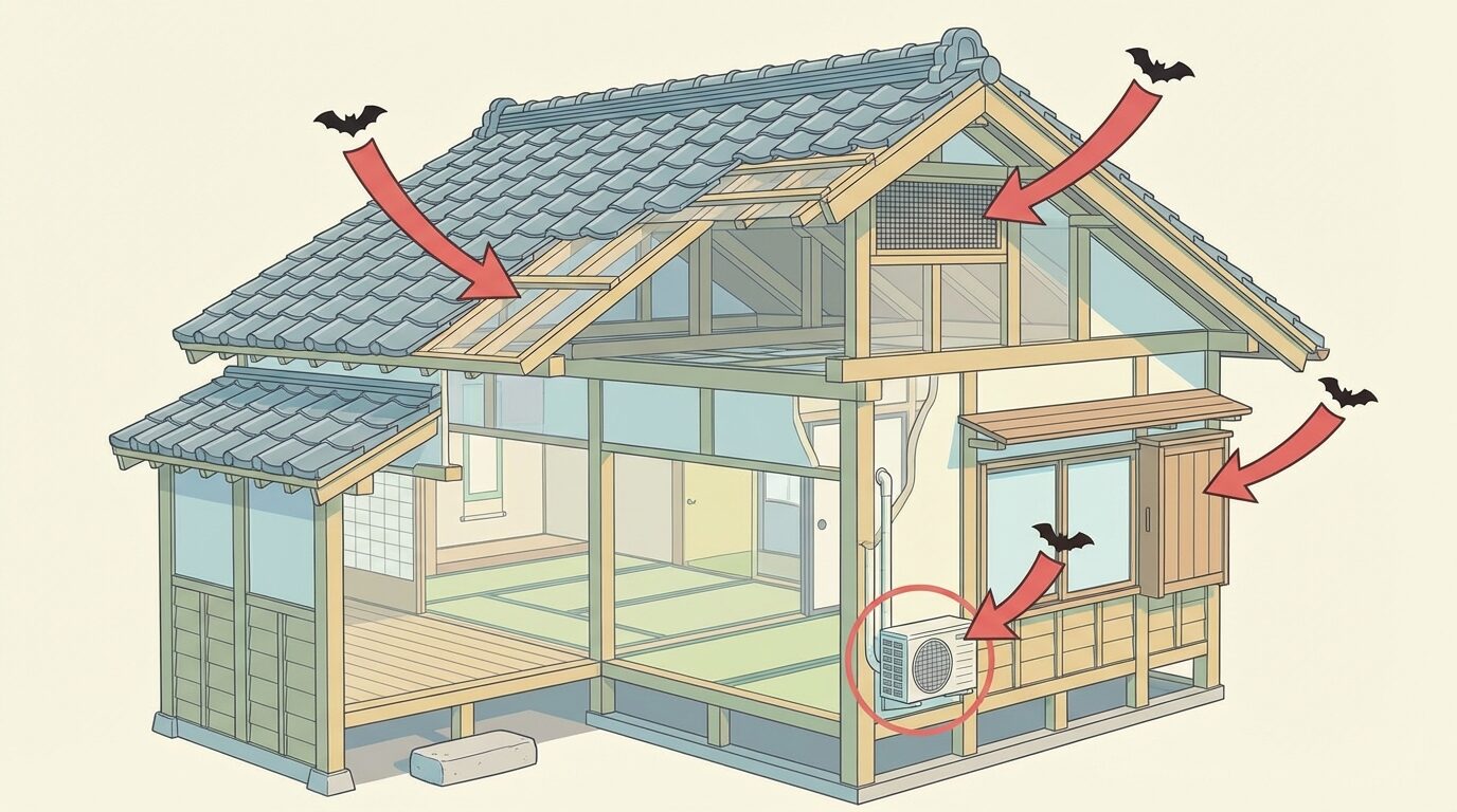 コウモリの生態と侵入しやすい場所を解説するイラスト。コウモリ駆除を自分でやる方法|追い出しから侵入口封鎖まで完全ガイドの本文に対応した内容で、害獣駆除のポイントを視覚的にわかりやすく示しています。