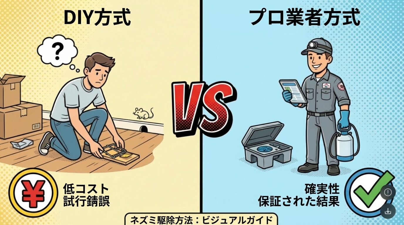 自分で対処vs業者依頼｜メリデメ比較を解説するイラスト。ネズミ駆除の費用相場｜戸建て・マンション別の料金と業者の選び方の本文に対応した内容で、害獣駆除のポイントを視覚的にわかりやすく示しています。