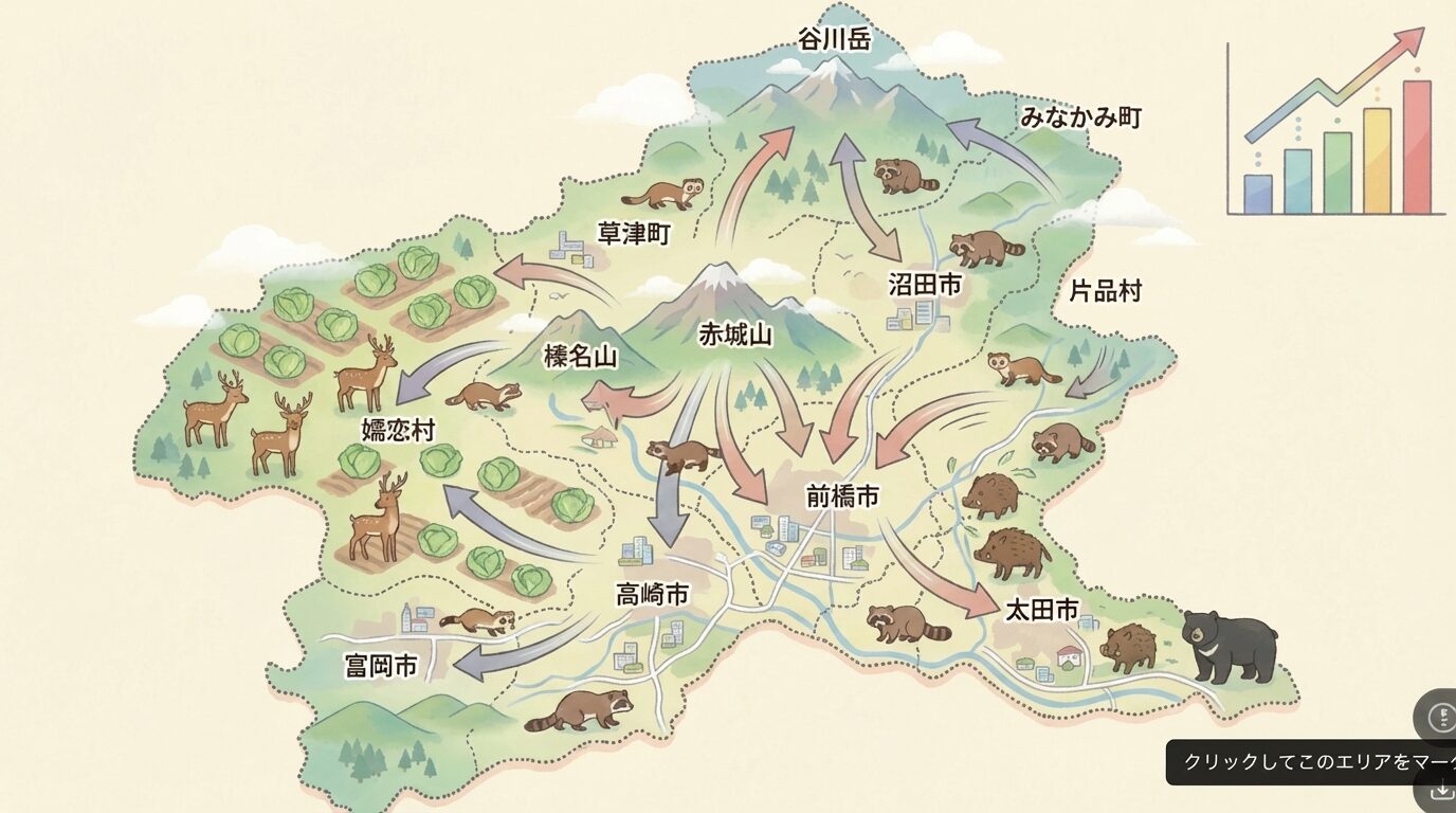 群馬県の害獣被害|山と都市近接の特有事情を解説するイラスト。群馬県の害獣駆除|被害の実態・費用相場・業者の選び方を徹底解説の本文に対応した内容で、害獣駆除のポイントを視覚的にわかりやすく示しています。
