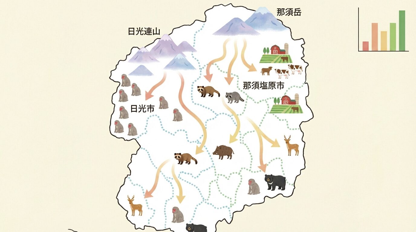 栃木県の害獣被害｜山間地から市街地までを解説するイラスト。栃木県の害獣駆除｜被害の実態・費用相場・業者の選び方を徹底解説の本文に対応した内容で、害獣駆除のポイントを視覚的にわかりやすく示しています。