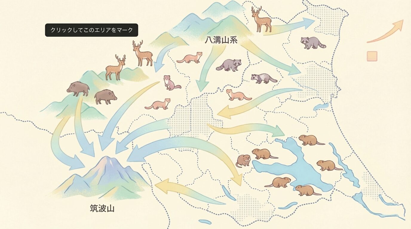 茨城県の害獣被害|増加の背景と実態を解説するイラスト。茨城県の害獣駆除|被害の実態・費用相場・業者の選び方を徹底解説の本文に対応した内容で、害獣駆除のポイントを視覚的にわかりやすく示しています。