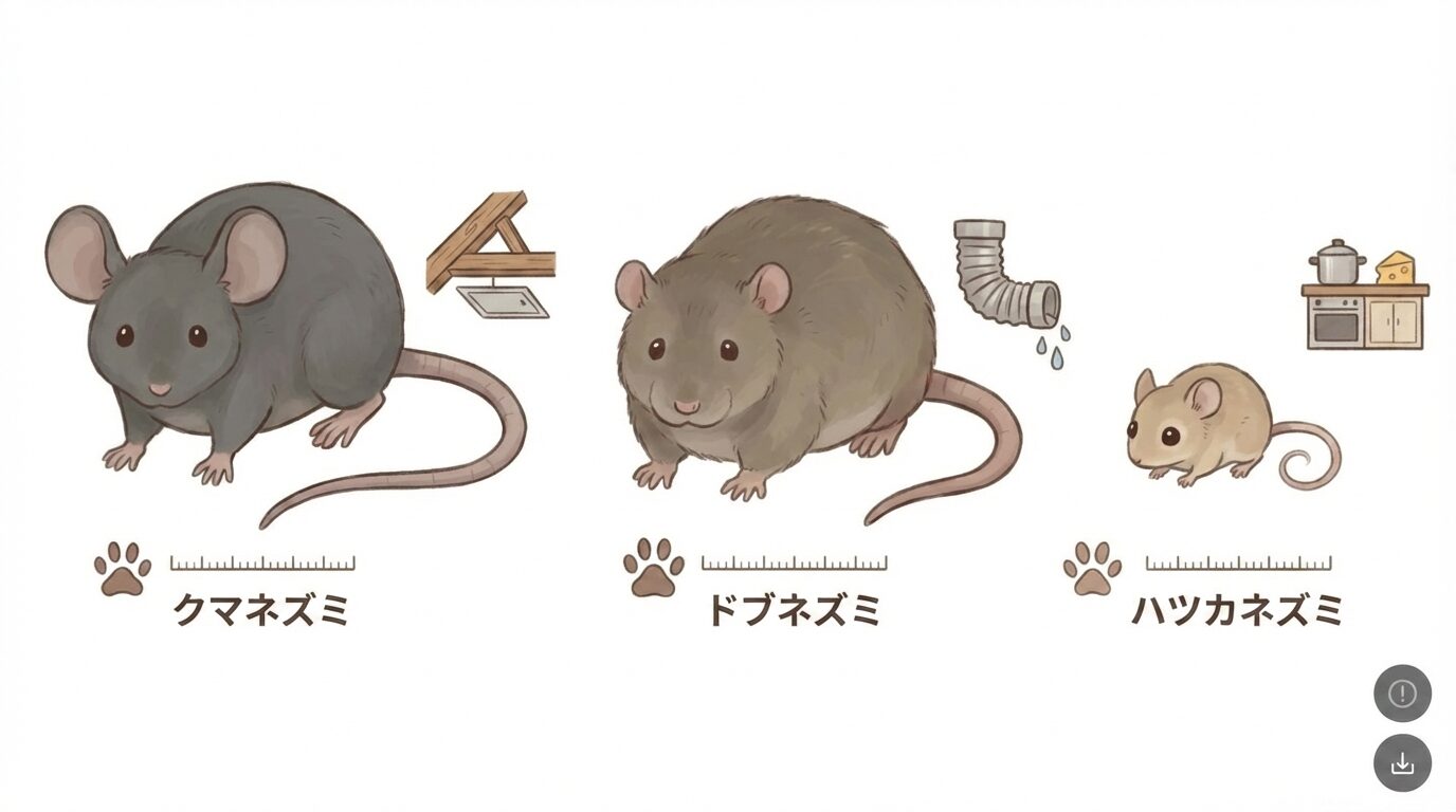 ネズミの種類別の特徴と被害パターンを解説するイラスト。ネズミ駆除の費用相場｜戸建て・マンション別の料金と業者の選び方の本文に対応した内容で、害獣駆除のポイントを視覚的にわかりやすく示しています。