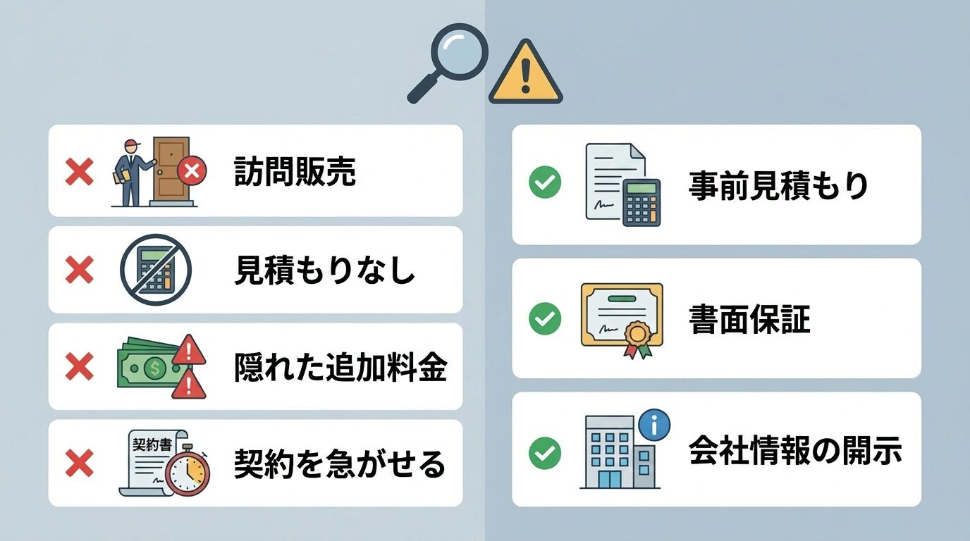 業者依頼のメリット・デメリットを解説するイラスト。ハクビシン駆除業者の選び方|費用相場8〜30万円と失敗しない7つのポイントの本文に対応した内容で、害獣駆除のポイントを視覚的にわかりやすく示しています。