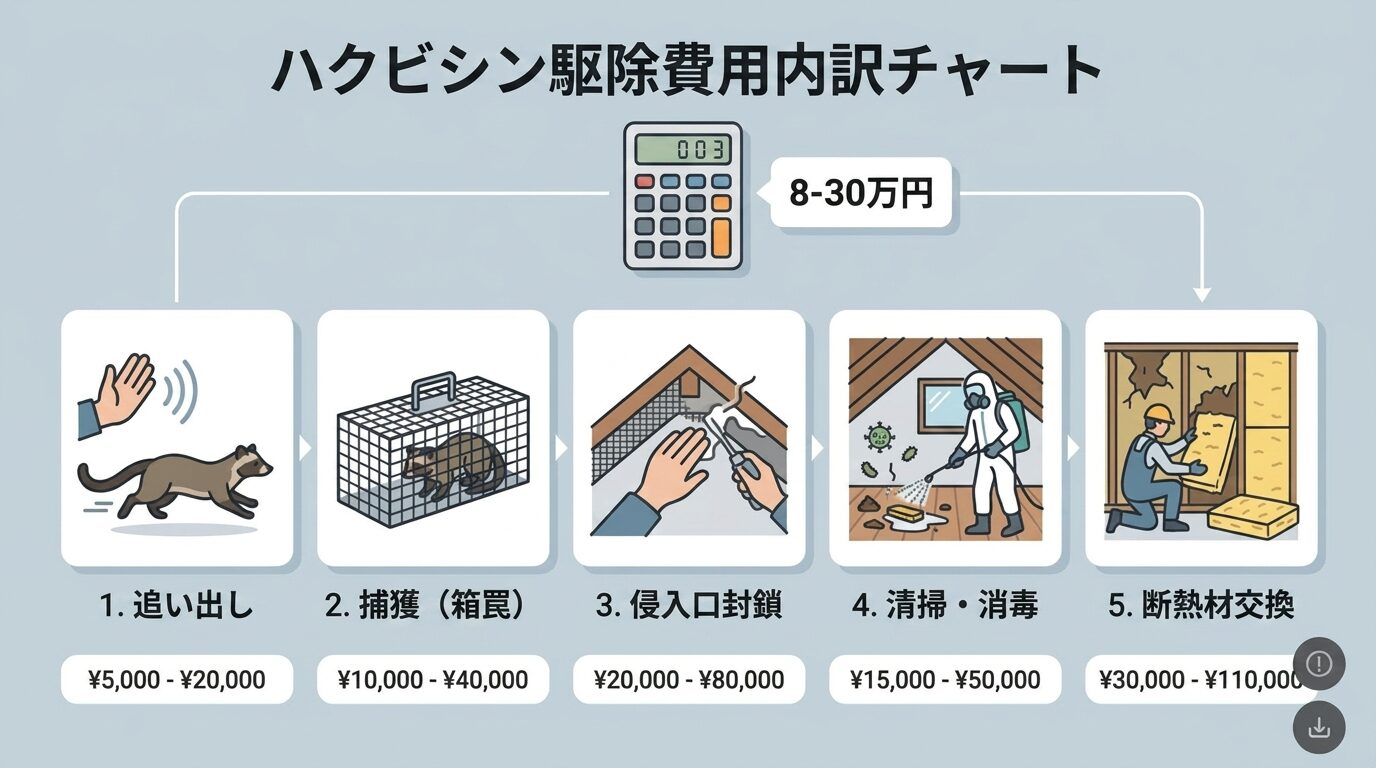 ハクビシン駆除の費用相場と作業内容を解説するイラスト。ハクビシン駆除業者の選び方|費用相場8〜30万円と失敗しない7つのポイントの本文に対応した内容で、害獣駆除のポイントを視覚的にわかりやすく示しています。