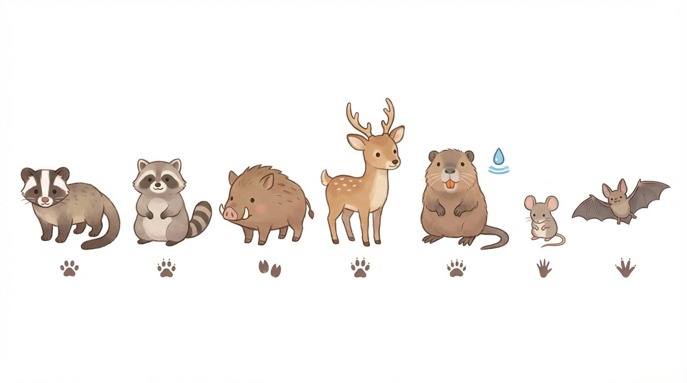 茨城県で多い害獣の種類と見分け方を解説するイラスト。茨城県の害獣駆除|被害の実態・費用相場・業者の選び方を徹底解説の本文に対応した内容で、害獣駆除のポイントを視覚的にわかりやすく示しています。