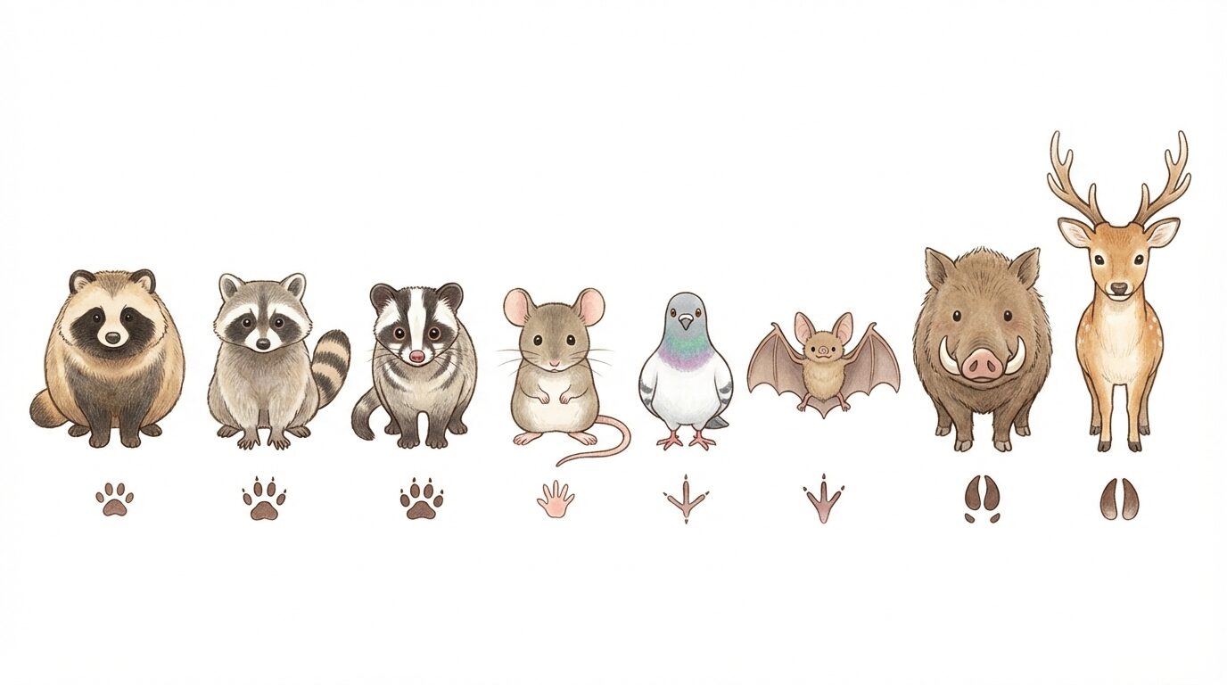 東京都で多い害獣の種類と見分け方を解説するイラスト。東京都の害獣駆除|被害の実態・費用相場・業者の選び方を徹底解説の本文に対応した内容で、害獣駆除のポイントを視覚的にわかりやすく示しています。