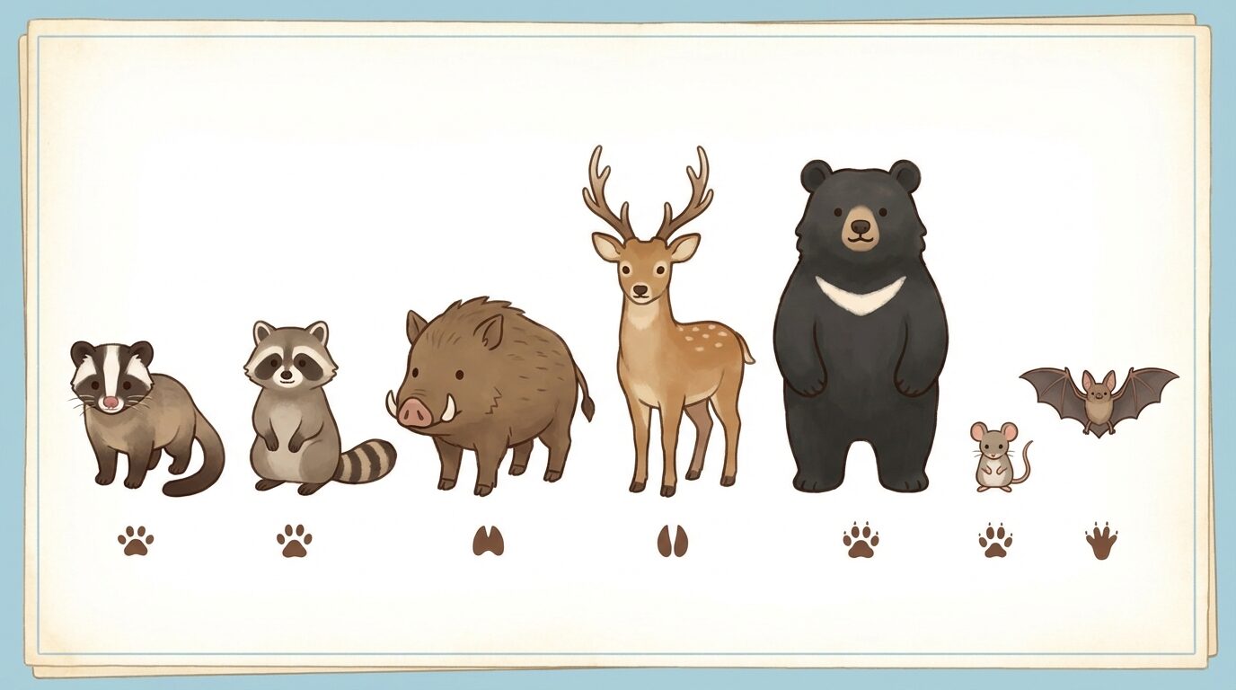 群馬県で多い害獣の種類と見分け方を解説するイラスト。群馬県の害獣駆除|被害の実態・費用相場・業者の選び方を徹底解説の本文に対応した内容で、害獣駆除のポイントを視覚的にわかりやすく示しています。